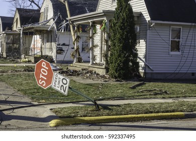 NAPLATE, ILLINOIS/USA - MARCH 3, 2017: Cleanup And Repairs Lie Ahead After A Category EF-3 (enhanced Fujita Scale) Tornado Hit This Small Town On February 28 With Winds Of 155 Miles Per Hour.