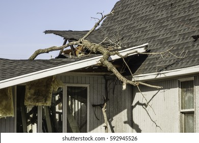 NAPLATE, IL/USA - MARCH 3, 2017: Tree limbs remain on the ripped roof of a house severely damaged by an EF-3 tornado that wreaked havoc across this small town on February 28.