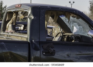 NAPLATE, IL/USA - MARCH 3, 2017: Three Of Four Windows On This Pickup Truck Were Blown Out By An EF-3 (enhanced Fujita Scale) Tornado That Wreaked Havoc In This Small Town On February 28.