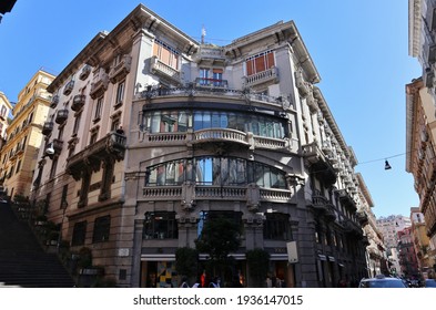 Naples, Campania, Italy - February 16, 2021: Early 20th Century Art Nouveau Building Seen From Via Dei Mille