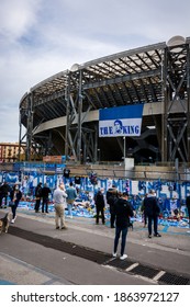 Naples, Campania, South Of Italy - November 25th 2020 -  Banner The King Outside Of The Napoli Stadium In Memory Of Maradona.