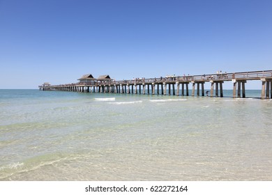 Naples, Fl, USA - March 18, 2017: Historic Fishing Pier At The Gulf Of Mexico Coast In Naples. Florida, United States