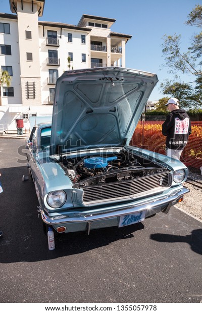 Naples, Florida, USA – March 23,2019: Blue 1966\
Ford Mustang at the 32nd Annual Naples Depot Classic Car Show in\
Naples, Florida. Editorial\
only.