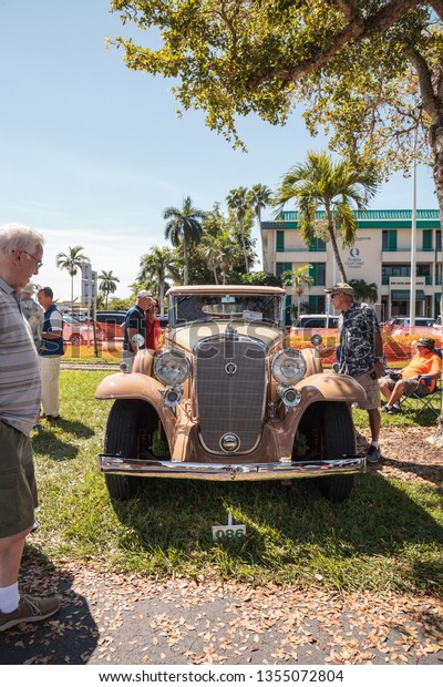 Naples, Florida, USA – March 23,2019: Tan 1932\
Cadillac at the 32nd Annual Naples Depot Classic Car Show in\
Naples, Florida. Editorial\
only.