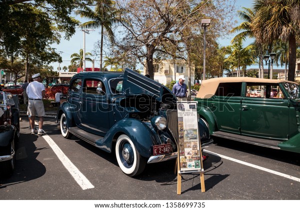 Naples, Florida, USA – March\
23,2019: Blue 1936 Ford Model 68 Tudor Deluxe at the 32nd Annual\
Naples Depot Classic Car Show in Naples, Florida. Editorial\
only.