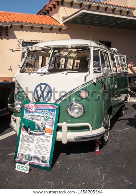 Naples, Florida, USA – March
23,2019: Green and white 1967 Volkswagen Micro Bus at the 32nd
Annual Naples Depot Classic Car Show in Naples, Florida. Editorial
only.
