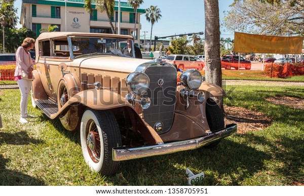 Naples, Florida, USA – March 23,2019: Tan 1932\
Cadillac at the 32nd Annual Naples Depot Classic Car Show in\
Naples, Florida. Editorial\
only.