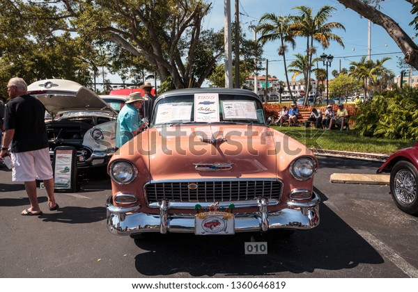 Naples, Florida, USA – March 23,2019:\
Peach 1955 Chevrolet Bel Air at the 32nd Annual Naples Depot\
Classic Car Show in Naples, Florida. Editorial\
only.