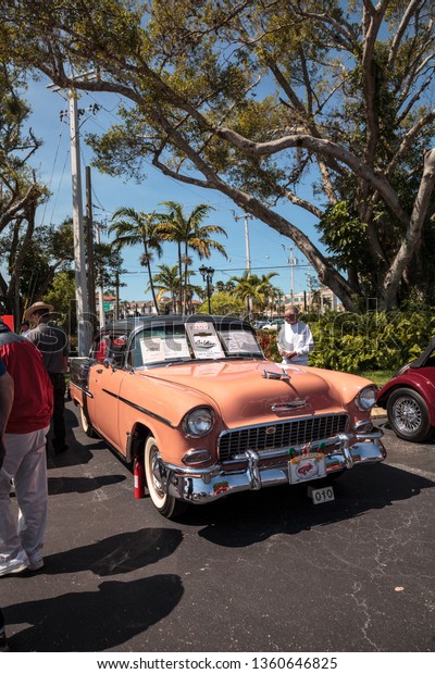 Naples, Florida, USA – March 23,2019:\
Peach 1955 Chevrolet Bel Air at the 32nd Annual Naples Depot\
Classic Car Show in Naples, Florida. Editorial\
only.
