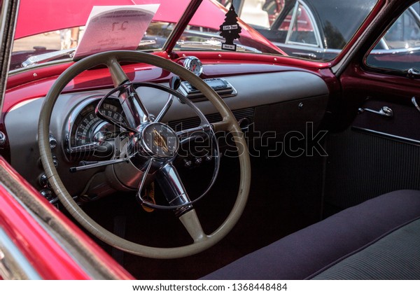 Naples, Florida, USA – March 23,2019: Red 1949\
Oldsmobile at the 32nd Annual Naples Depot Classic Car Show in\
Naples, Florida. Editorial\
only.