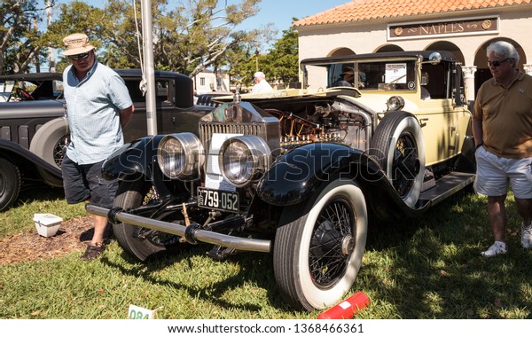 Naples, Florida, USA – March\
23,2019: Yellow 1926 Rolls Royce Silver Ghost at the 32nd Annual\
Naples Depot Classic Car Show in Naples, Florida. Editorial\
only.