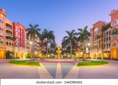 Naples, Florida, USA Town Skyline And City Plaza At Twilight.