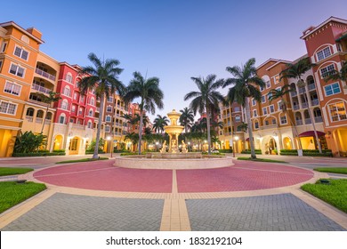 Naples, Florida, USA Town Skyline And City Plaza At Twilight.