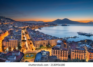 Naples, Italy aerial skyline on the bay with Mt. Vesuvius at dawn. - Shutterstock ID 2130956180