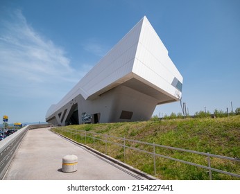 Naples - Italy - April 15, 2022: external view of the Afragola railway station - Naples, created by the futuristic architect Zaha Hadid