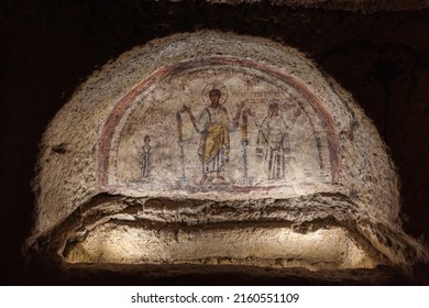 NAPLES, ITALY - CIRCA DECEMBER 2013: Early Christian fresco with the portrait of San Gennaro (St. Januarius), Catacombs of San Gennaro, Naples, Italy