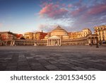 Naples, Italy. Cityscape image of Naples, Italy with the view of large public town square Piazza del Plebiscito at sunrise.