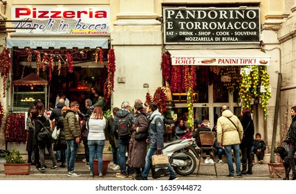 Naples Italy December 2018 People Waiting In Front Of The Famous Pizzeria. 