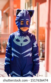 Naples Italy February 27, 2018. Child Dressed As A Catboy, Animated Pj Mask. Carnival Costume