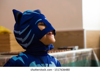 Naples Italy February 27, 2018. Child Dressed As A Catboy, Animated Pj Mask. Carnival Costume