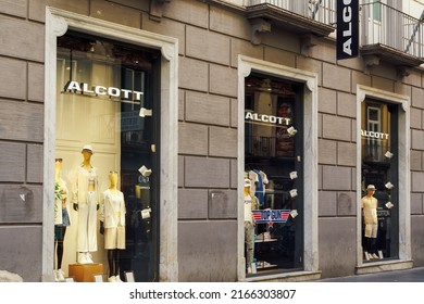 Naples, Italy - June 03 2022: Top Gun Maverick Movie T-shirt Clothing With Logo At Exterior Window Showcase Of Alcott Stores.