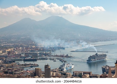 Naples, Italy, October 2021: View Of Naples Commercial Port With Cruise Ship Diesel Exhaust Fumes Floating Over City Center.