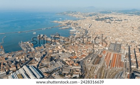 Naples, Italy. Panorama of the city overlooking the port and the railway station. Daytime, Aerial View  