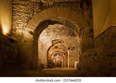 Naples underground (Napoli Sotteranea) at the archaeological excavations of San Lorenzo Maggiore, Naples, Italy. View of the ruins of the Macellum, the ancient Roman market. - Shutterstock ID 2157646233