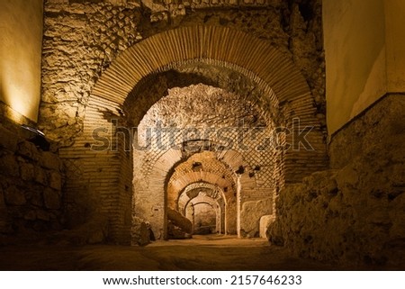 Naples underground (Napoli Sotteranea) at the archaeological excavations of San Lorenzo Maggiore, Naples, Italy. View of the ruins of the Macellum, the ancient Roman market.