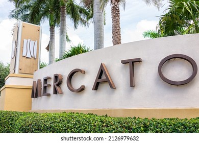 Naples, USA - August 27, 2021: Naples, Florida Entrance To Modern Shopping Mall Area Center Called Mercato With Movie Theater, Whole Foods Market And Business