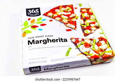 Naples, USA - October 21, 2021: Whole Foods Market Brand Gourmet Label Closeup Of Frozen Thin Crust Margherita Pizza Pie Box Of Whole Milk Mozzarella