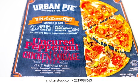 Naples, USA - October 21, 2021: Urban Pie Brand Gourmet Label Sign Closeup Of Frozen Uncured Pepperoni, Sausage Thin Crust Pizza Pie