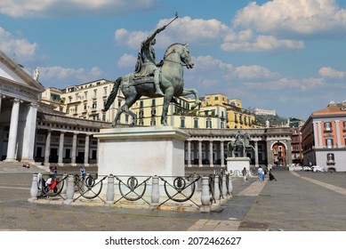 Naples.Naples.03.05.2018. Equestrian Statues Of Carlos III And His Son Ferdinand I In The Plebiscite Square Of Naples