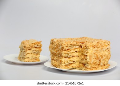 Napoleon Cake. Puff Pastry And Biscuit Cake Decorated With Cream.