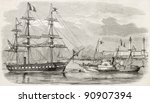 Napoleon III and empress Eugenie visiting tsar Alexander II yacht in Bordeaux seaport. Created by Lebreton after Faxon, published on L