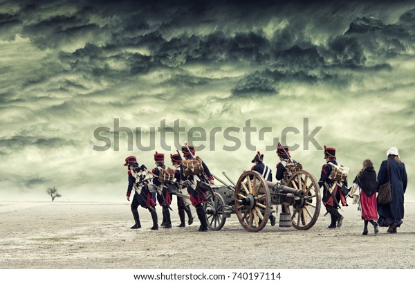 Napoleon\
soldiers marching in open land with dramatic cloud, The Battle of\
Austerlitz. The Battle of the Three\
Emperors