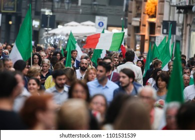 Napoli , Campania , ITALY: 2018-05-30 Luigi Di Maio Leader Five Stars In Naples In Picture 5 Star Militant Event With Italian Flag And Political Symbol Of The Movement