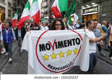 Napoli , Campania , ITALY: 2018-05-30 Luigi Di Maio Leader Five Stars In Naples In Picture 5 Star Militant Event With Italian Flag And Political Symbol Of The Movement