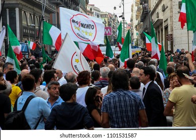 Napoli , Campania , ITALY: 2018-05-30 Luigi Di Maio Leader Five Stars In Naples In Picture 5 Star Militant Event With Italian Flag And Political Symbol Of The Movement