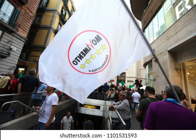 Napoli , Campania , ITALY: 2018-05-30 Luigi Di Maio Leader Five Stars In Naples In Picture 5 Star Militant Event With Italian Flag And Political Symbol Of The Movement