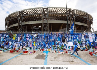 NAPOLI, ITALY - DECEMBRE 1, 2020 - The Homage Of The Fans Of Diego Armando Maradona Outside The San Paolo Stadium In Naples, Italy