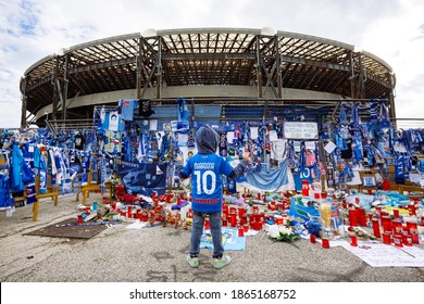 NAPOLI, ITALY - DECEMBRE 1, 2020 - The Homage Of The Fans Of Diego Armando Maradona Outside The San Paolo Stadium In Naples, Italy