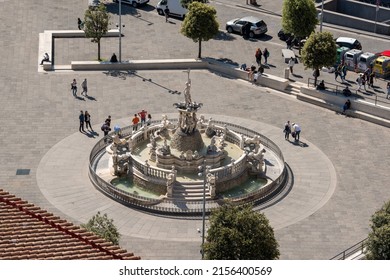 Napoli (NA), Italy - April 28, 2022: View of the Fountain of Neptune in Municipio square, in Naples, Italy.