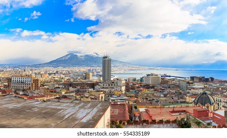 Napoli (Naples) And Volcano Mount Vesuvius In The Background In A Winter Day, Italy, Campania