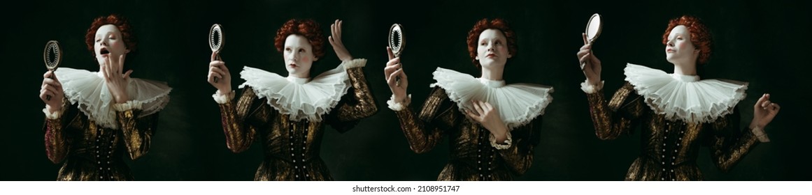 Narcissism. Collage made of portraits of medieval redhead young woman in golden vintage clothing as a duchess on dark green background. Concept of comparison of eras, modernity and renaissance. - Shutterstock ID 2108951747