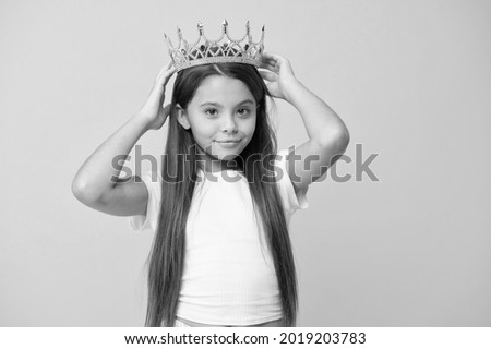 Narcissistic complex. Having fun. Self esteem. Kids psychology. Because I am perfect. International childrens day. Superior princess. Playful princess. Schoolgirl princess golden crown. Queen concept