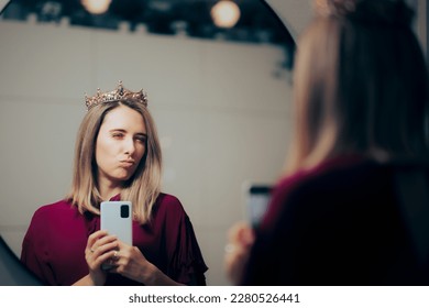 
Narcissistic Woman Feeling Important While Taking Mirror Selfies. Funny conceited queen feeling superior, proud and self-important
