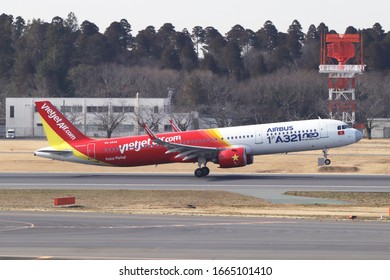 Narita Chiba Japan / FEB 20 2020 / Viet Jet Air Airbus A321 Neo  Takeoff From Tokyo Narita International Airport.