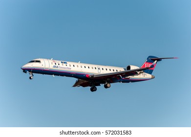 NARITA - JAPAN, JANUARY 25, 2017: JA12RJ Bombardier CRJ-702ER Ibex Airlines ANA Connection Landing In International Narita Airport, Japan.