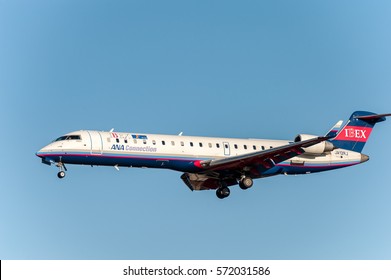 NARITA - JAPAN, JANUARY 25, 2017: JA12RJ Bombardier CRJ-702ER Ibex Airlines ANA Connection Landing In International Narita Airport, Japan.